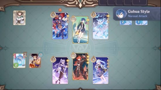 Genshin Impact Genius Invokation card game TCG: a view of the game board with three characters on each side. Diluc and Eula are the active fighters and other cards are placed to the side.