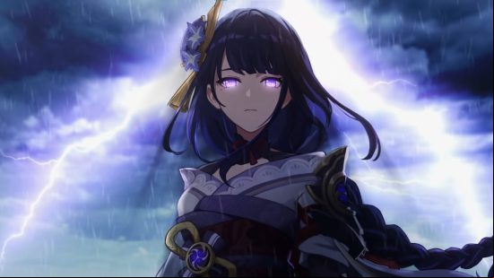 Genshin Impact leak lists Raiden Shogun and Itto reruns in version 3.3: anime girl with glowing eyes and purple hair in front of lightning