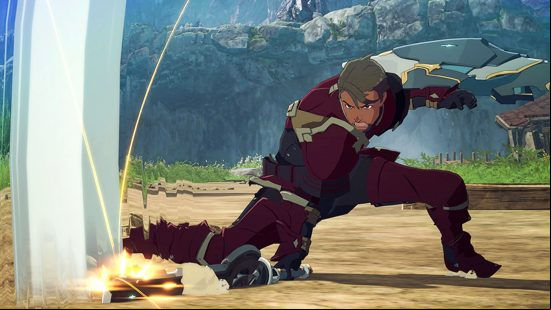 Blue Protocol classes: An aegis fighter strikes the ground with his sword