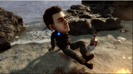 Sons of the Forset cheats: Big head mode, Kelvin sits by the ocean, with a larger than usual head.