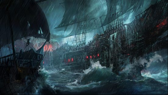 Diablo Immortal update - the Dread Reaver, a giant ship with glowing red lights coming from its cabins, thrashes over roiling ocean waves