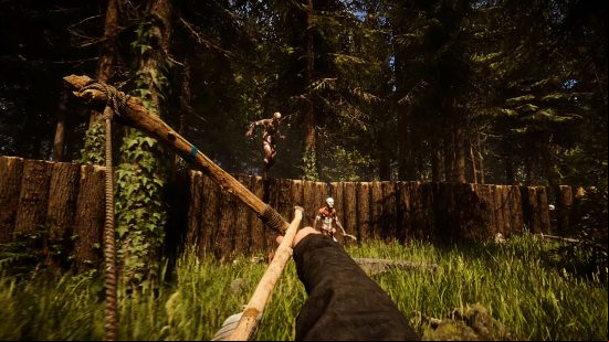 Sons of the Forest patch - the player raises a bow as two hostile figures approach