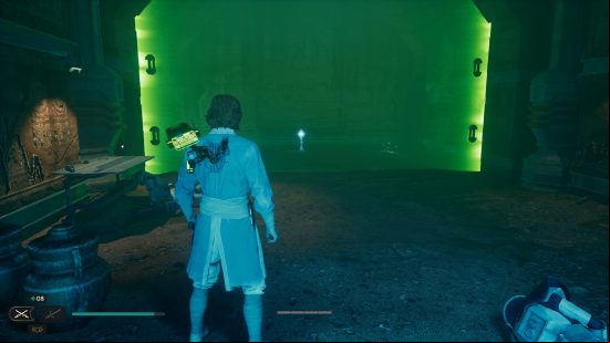 Cal Kestis uses the Star Wars Jedi Survivor traversal abilities to  through green barriers