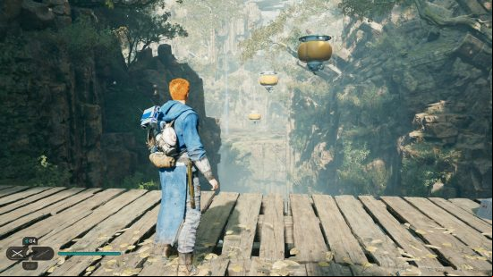 Cal Kestis uses the Star Wars Jedi Survivor traversal abilities to use floating balloons