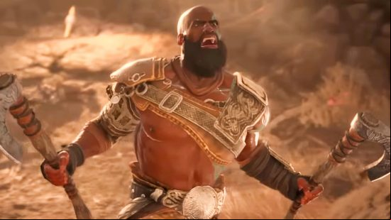 A bearded Diablo 4 barbarian wearing a large round metal belt screams