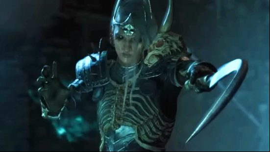A female Diablo 4 necromancer wields her scythe, holding it in front of her body