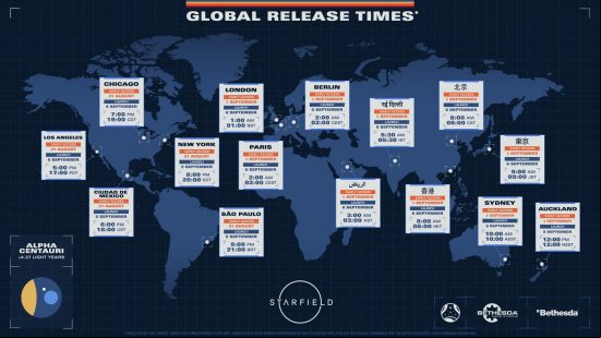 Starfield early access release times shown on a map of the world.