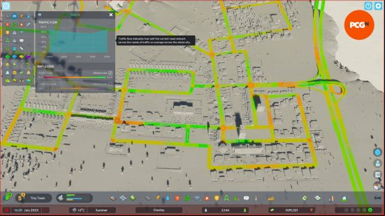 A map shows a small town's congestion with the Cities Skylines 2 traffic view.