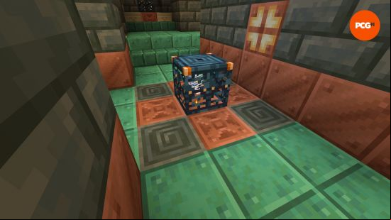 A Minecraft Breeze spawner, distinguished by the chiseled tuff blocks around it.