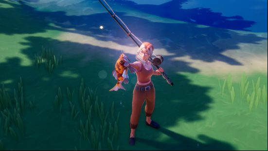 A Palian player holding up a Koi having done some fishing in Palia.