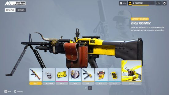 The Finals beta rewards level 1 to 8, showing off the legendary weapon skin.