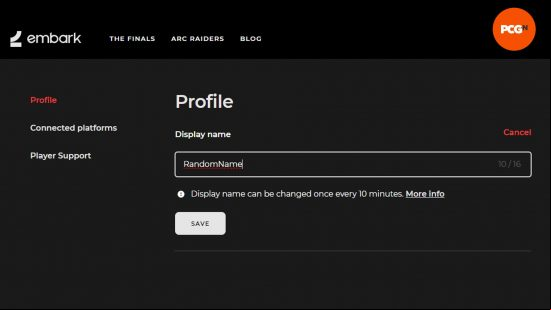 A screenshot from a player's Embark , showing the display name box for changing your name in The Finals.