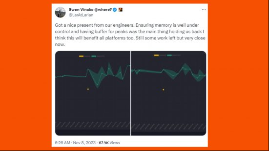 A screenshot from Swen Vincke's Twitter  regarding the BG3 RAM update.