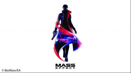 A figure dressed in a strange sweeping stealth-style outfit, their face covered, with the Mass Effett logo at the bottom of the picture. 