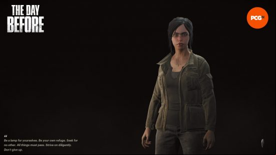 A woman in combat gear stands on a brown background with 'THE DAY BEFORE' written in the top left hand corner