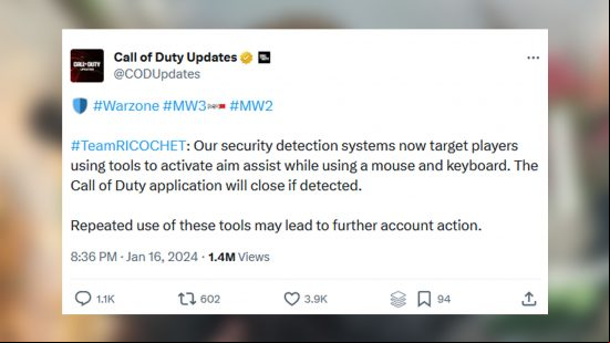 A tweet warning players not use aim assist with a mouse and keyboard. 