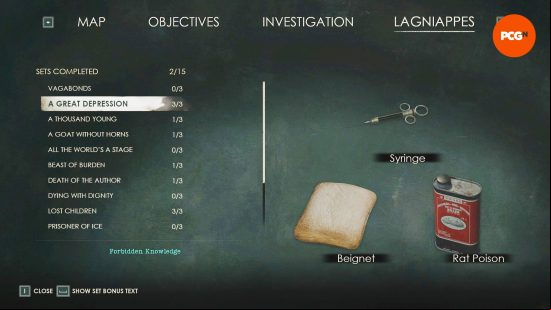 The full A Great Depression Alone in the Dark Langiappe set, including a beignet, a syringe, and rat poison.