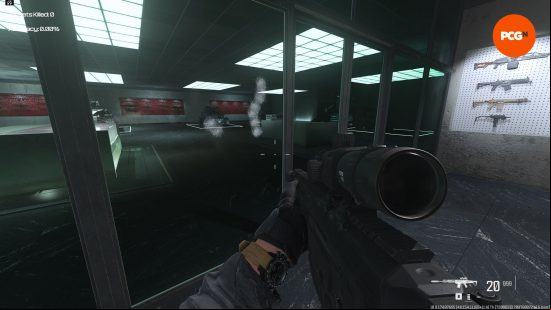 Warzone SOA Subverter: a person holding a gun, looking at a pane of glass that has bullet holes in.