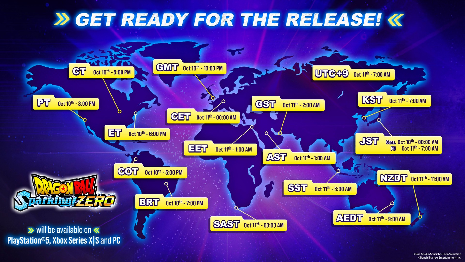 The release times for Dragon Ball Sparking Zero as depicted on a global map.