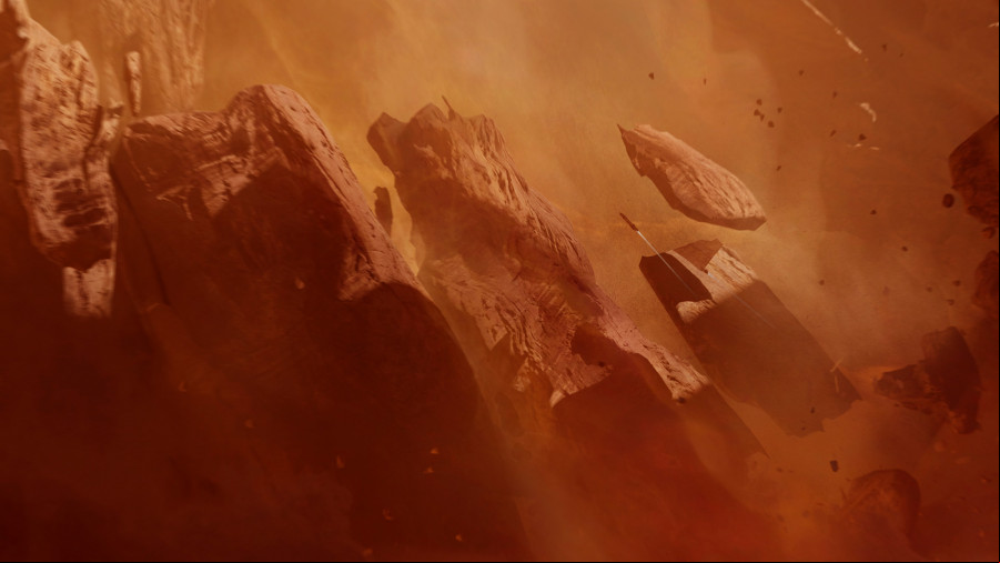 A distant spaceship lights a trail as it blasts off between asteroids.
