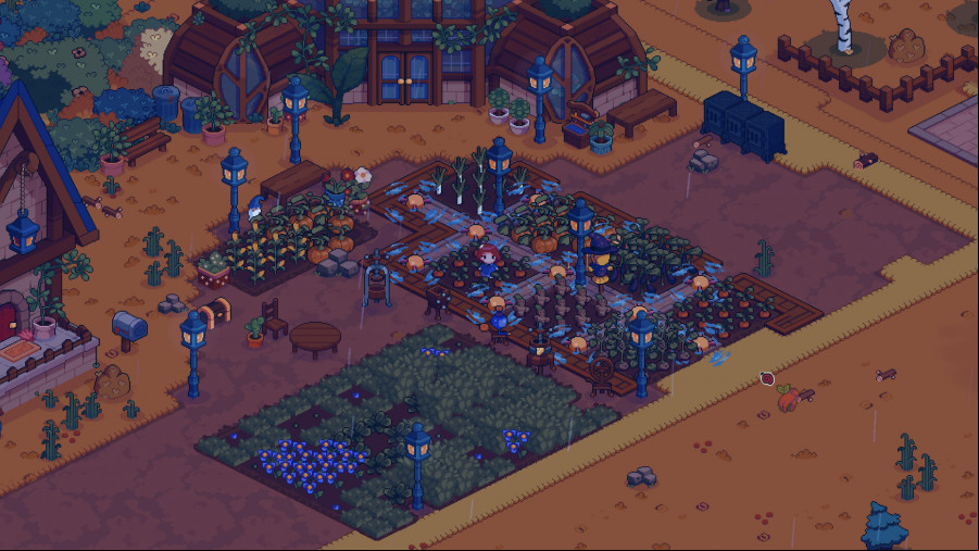 Everholm: A Stardew Valley style game where a pixel woman stands in the middle of a vegetable plot in a rural village area