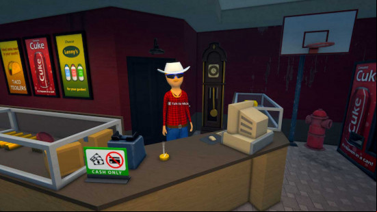 Mick at the pawn shop counter in Schedule 1.