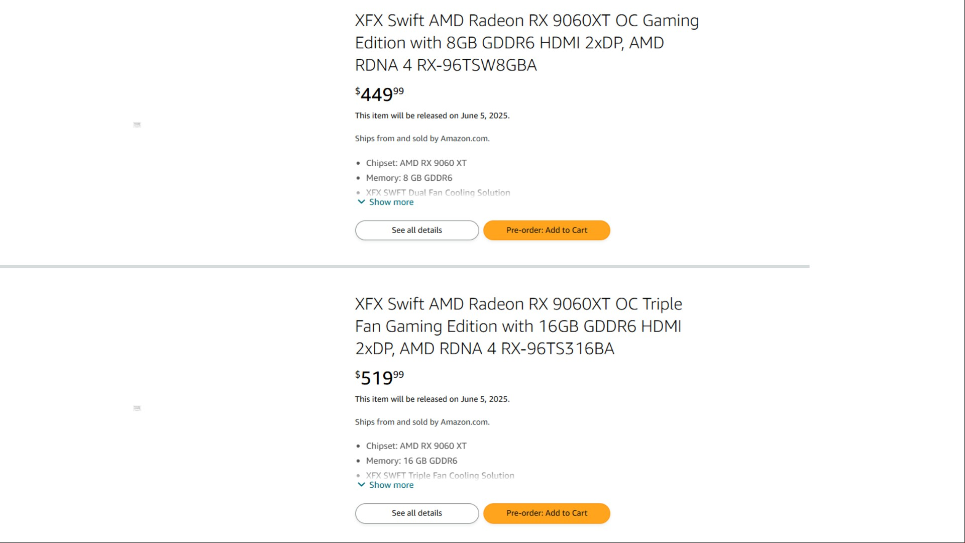 Amazon RX 9060 XT listings