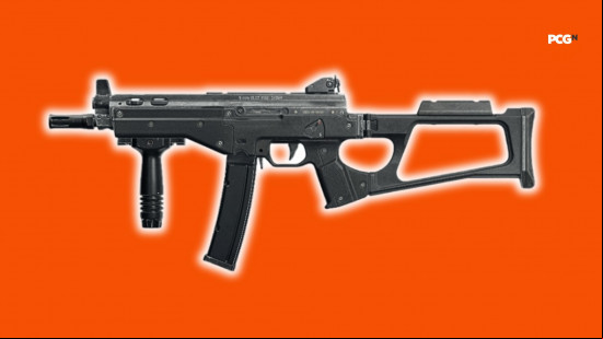 Best BO6 loadouts: a compact SMG on a bright orange background.
