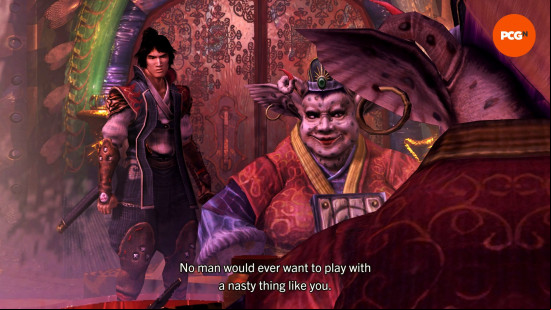 Onimusha 2 remaster review: Jubei confronts Jujudormah in her bedroom before the boss fight.