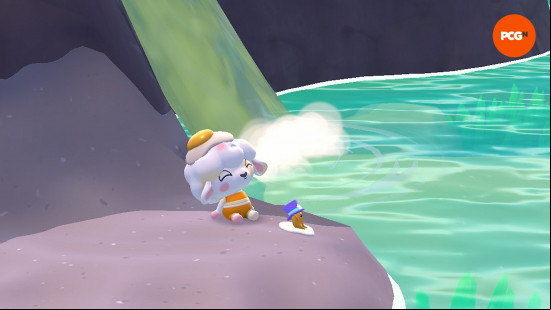 A lamb player character poses next to a Tophat Gudetama in the Spooky Swamp, week commencing June 2, 2025.